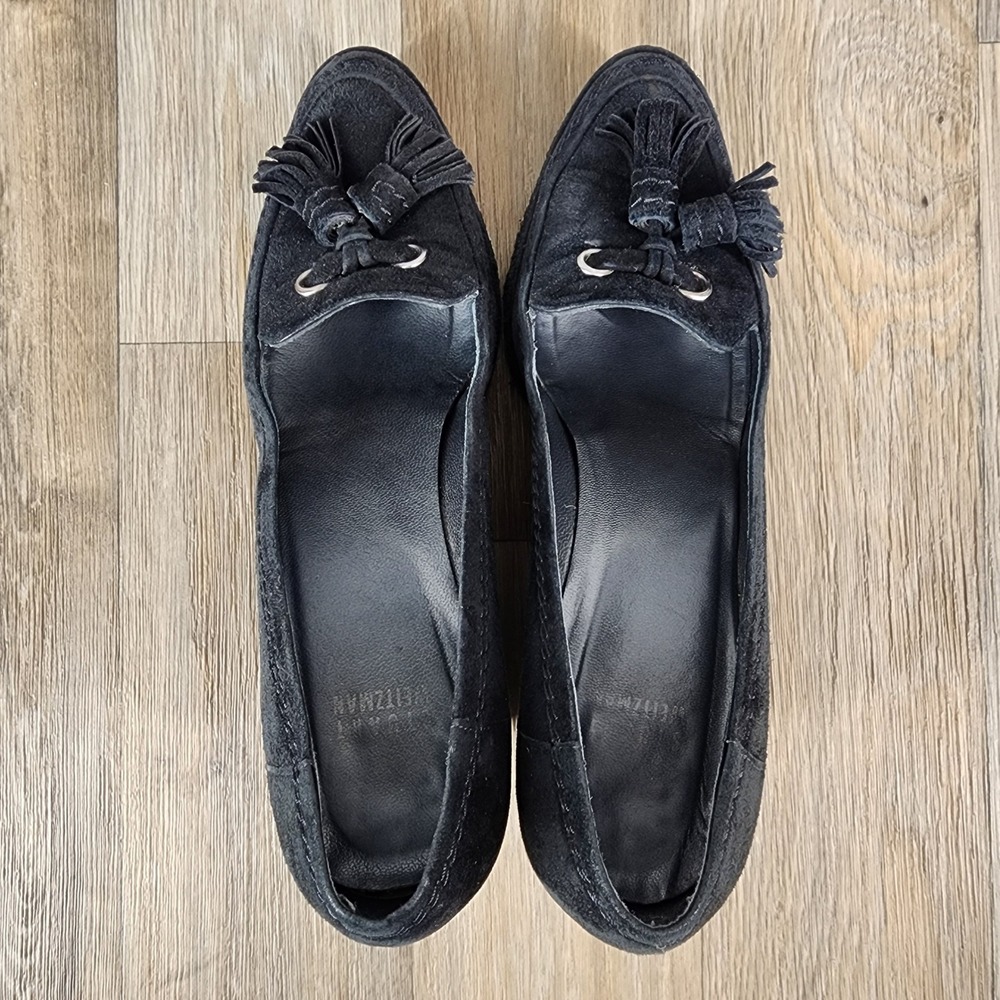 Stuart Weitzman‎ 7.5 Black Suede Tassel Wedge Loafers Classic Comfortable - Picture 5 of 13